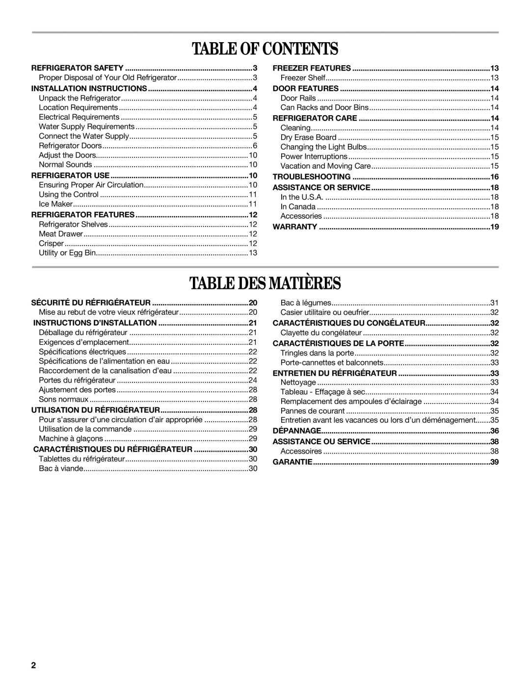 Amana W10154917A manual Table of Contents, Table DES Matières 