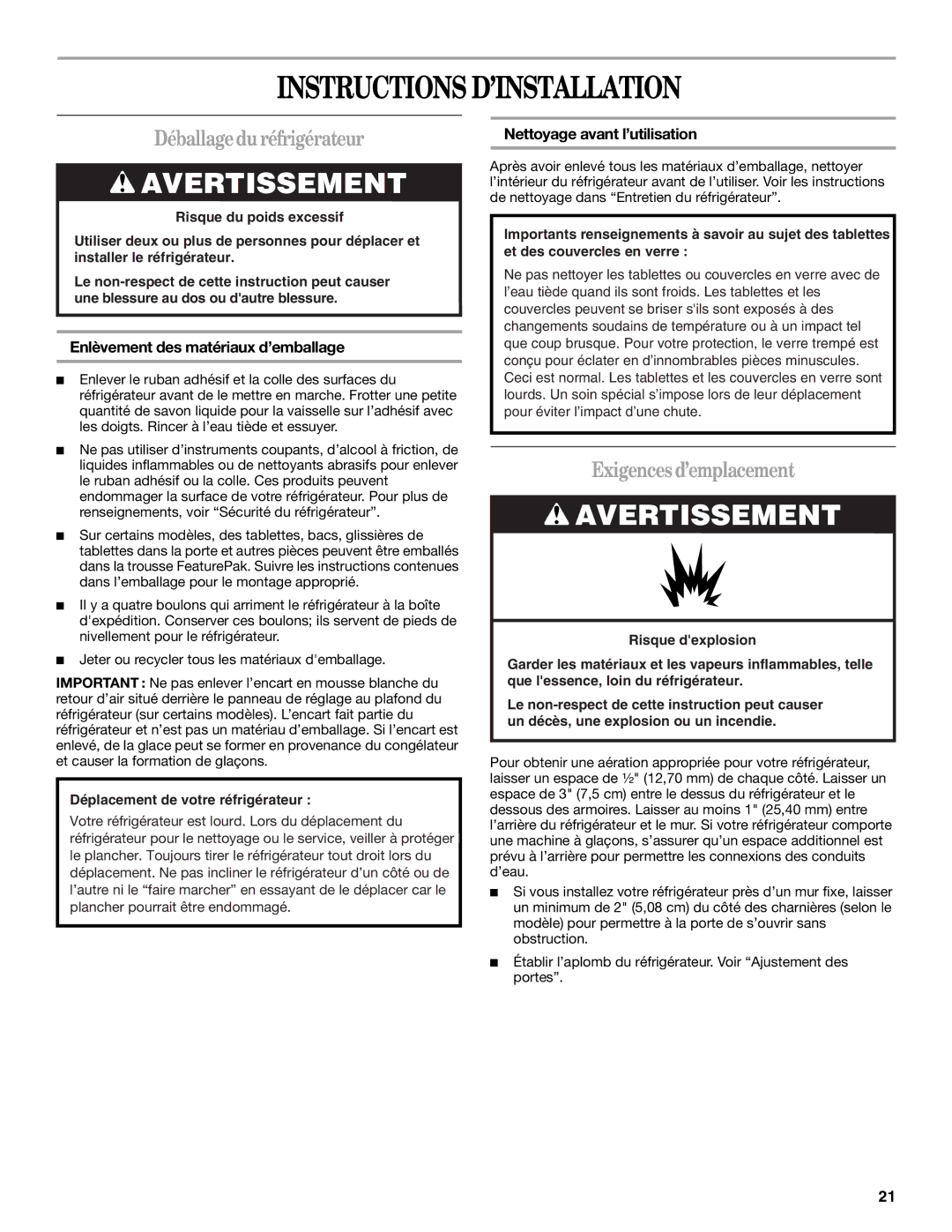 Amana W10154917A manual Instructions D’INSTALLATION, Déballagedu réfrigérateur, Exigences d’emplacement 