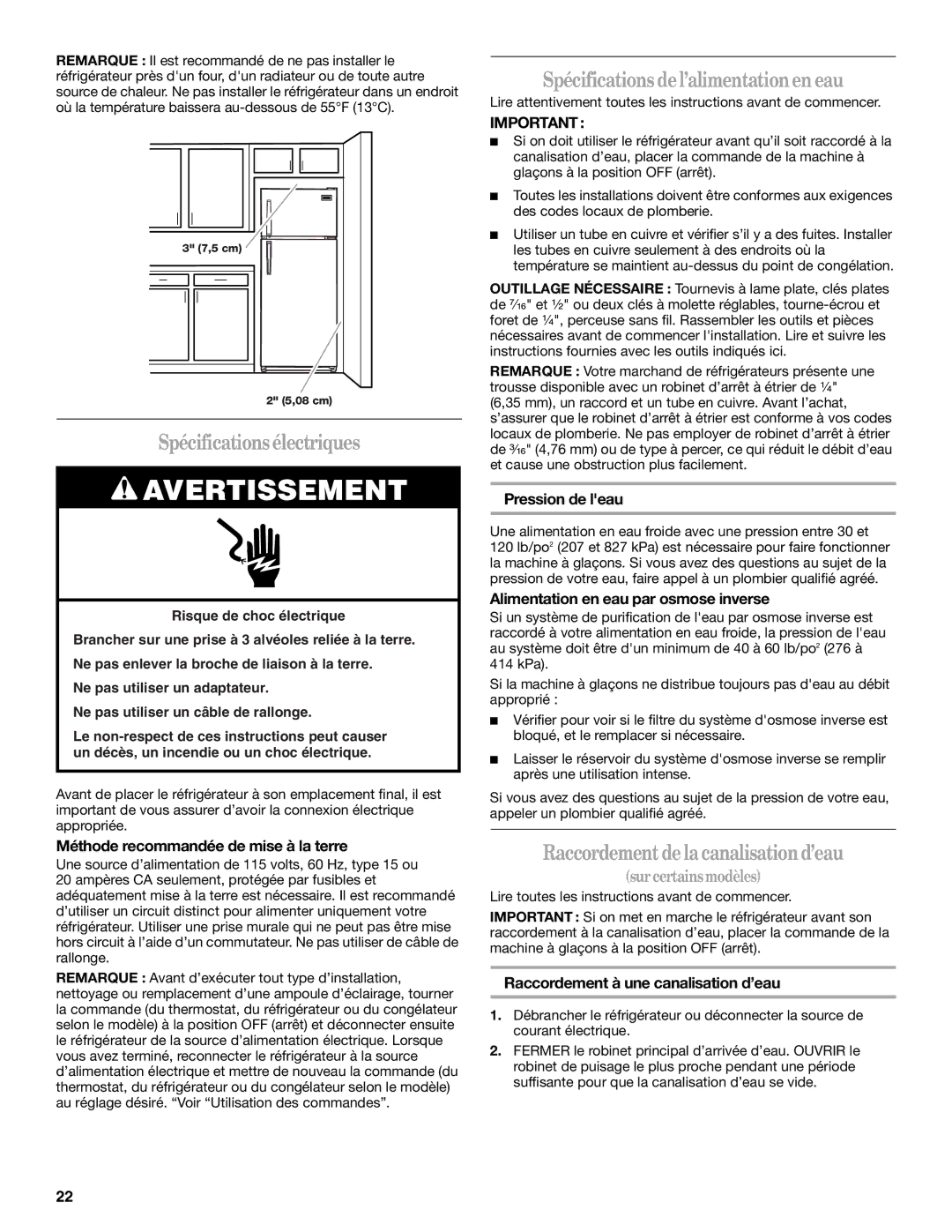 Amana W10154917A Spécificationsélectriques, Spécifications del’alimentationen eau, Raccordement de la canalisation d’eau 