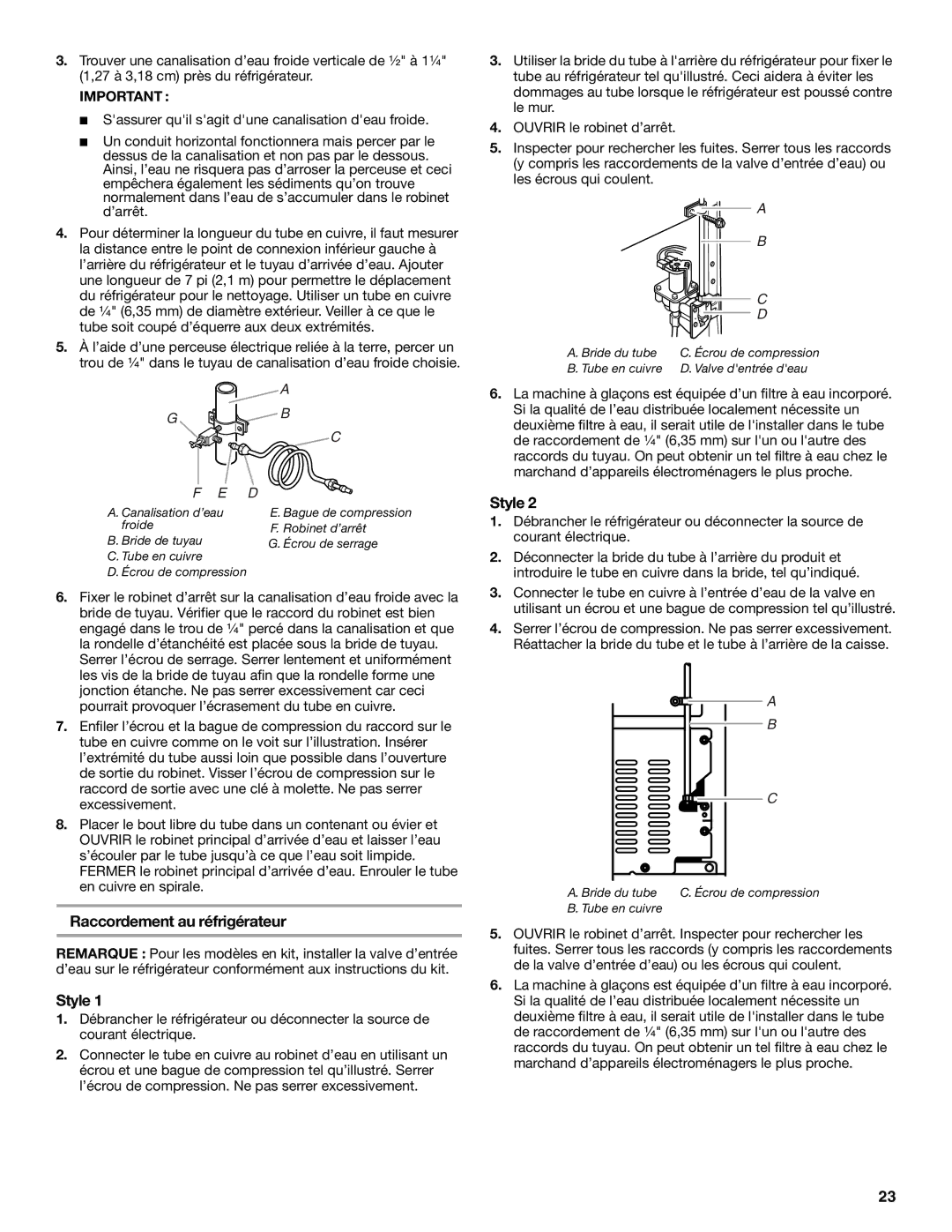 Amana W10154917A manual Raccordement au réfrigérateur, Tube en cuivre Valve dentrée deau 