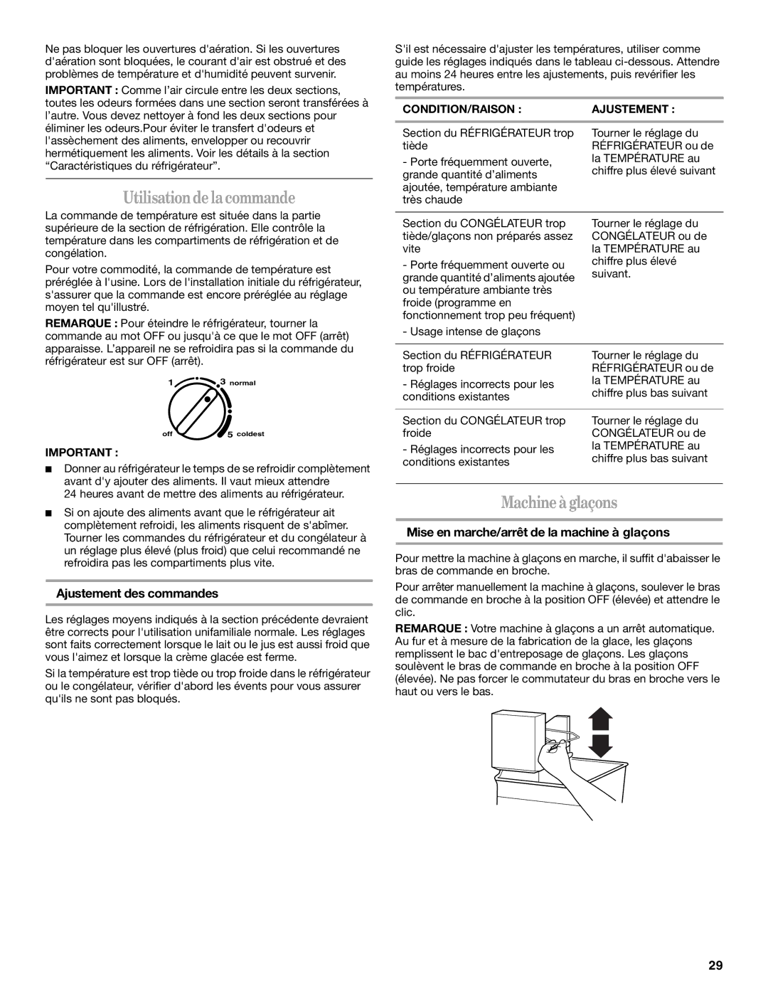 Amana W10154917A manual Utilisation de la commande, Machine à glaçons, Ajustement des commandes 