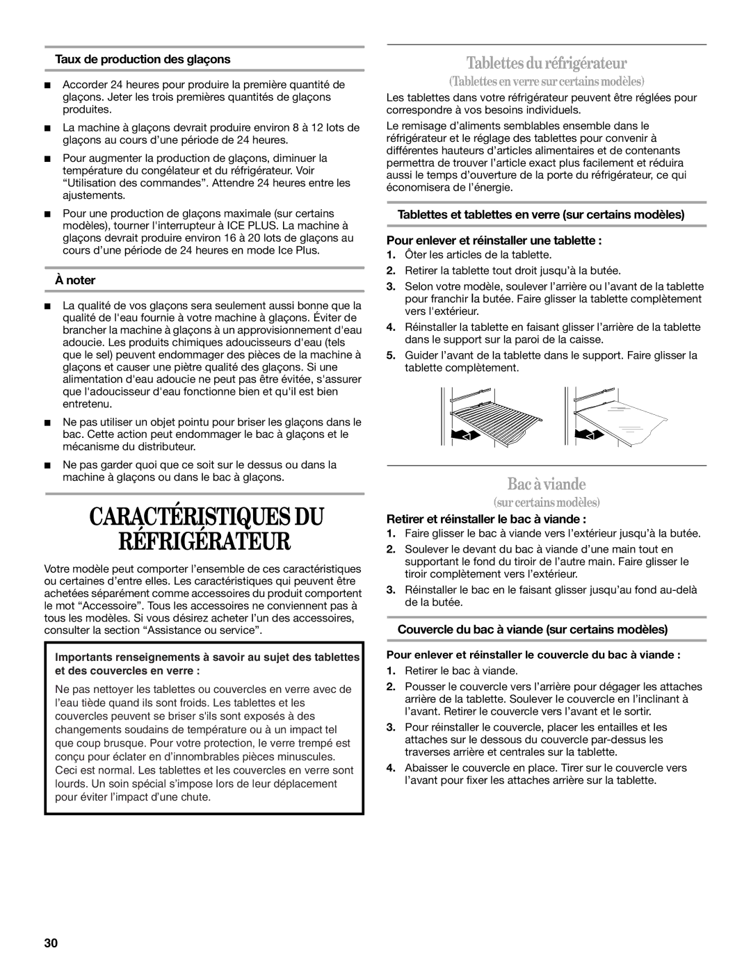 Amana W10154917A manual Réfrigérateur, Tablettes duréfrigérateur, Bac à viande, Tablettesen verresurcertainsmodèles 