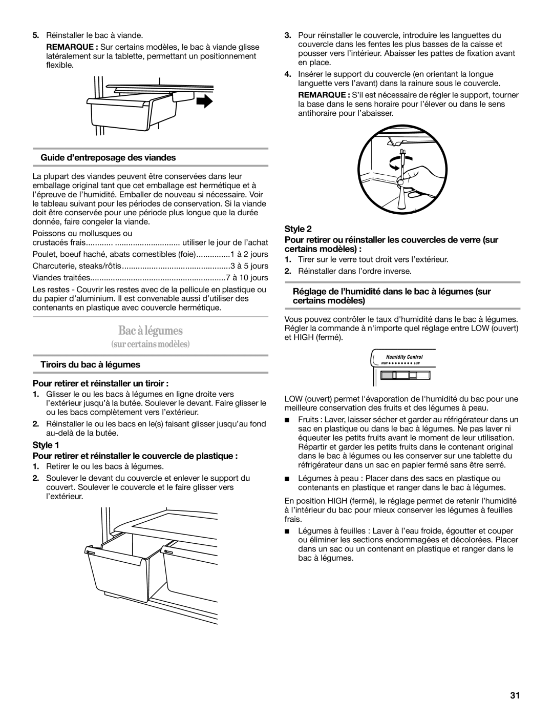 Amana W10154917A manual Bac à légumes, Guide d’entreposage des viandes 