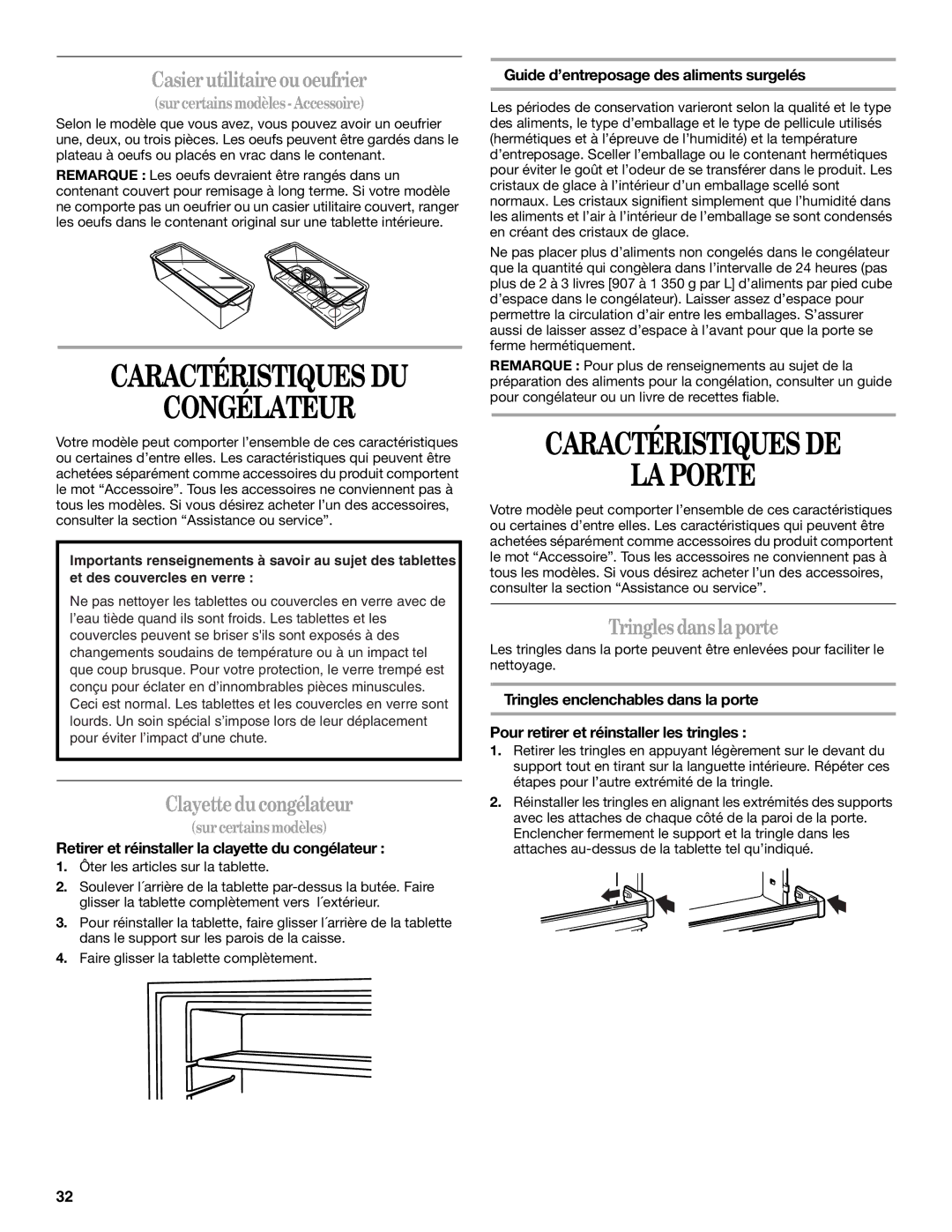 Amana W10154917A manual Congélateur, Caractéristiques DE LA Porte, Casier utilitaireou oeufrier, Clayette ducongélateur 