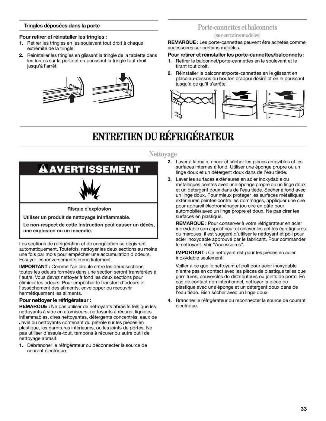 Amana W10154917A Entretien DU Réfrigérateur, Porte-cannettes et balconnets, Nettoyage, Pour nettoyer le réfrigérateur 