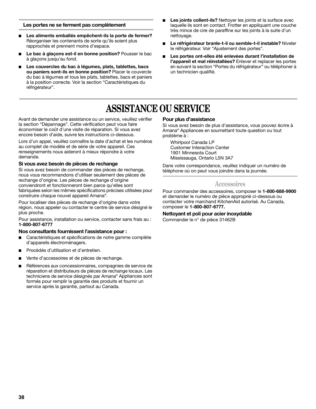 Amana W10154917A manual Assistance OU Service, Accessoires 