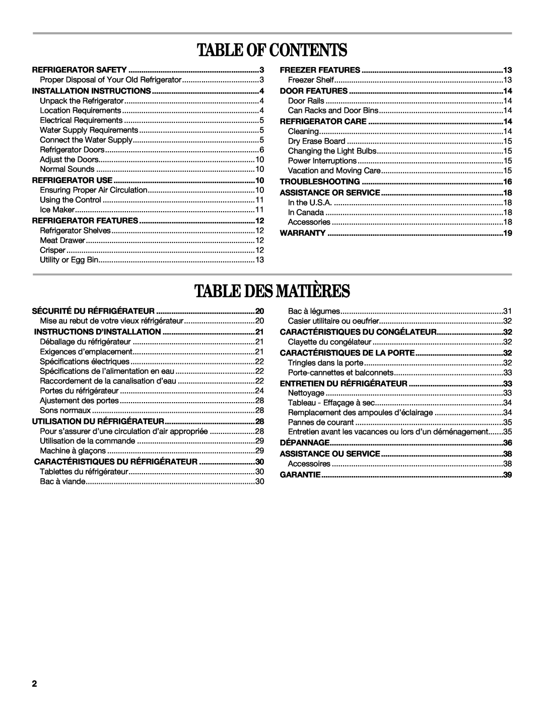 Amana W10154917A manual Table Of Contents, Table Des Matières 