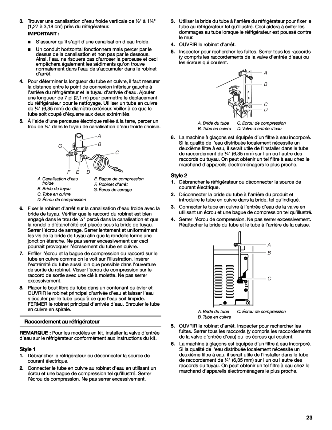Amana W10154917A manual Raccordement au réfrigérateur, Style, A B C 