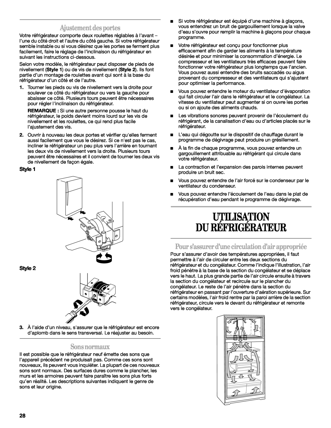 Amana W10154917A manual Utilisation Du Réfrigérateur, Ajustement desportes, Sonsnormaux, Style Style 
