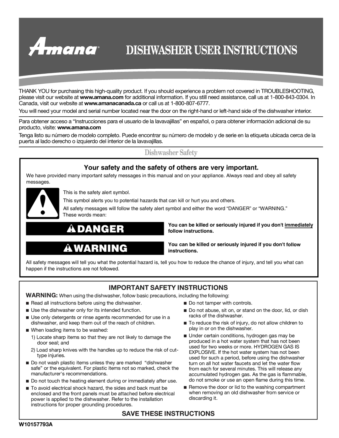 Amana W10157793A, W10157794A important safety instructions Dishwasher Safety, Important Safety Instructions 