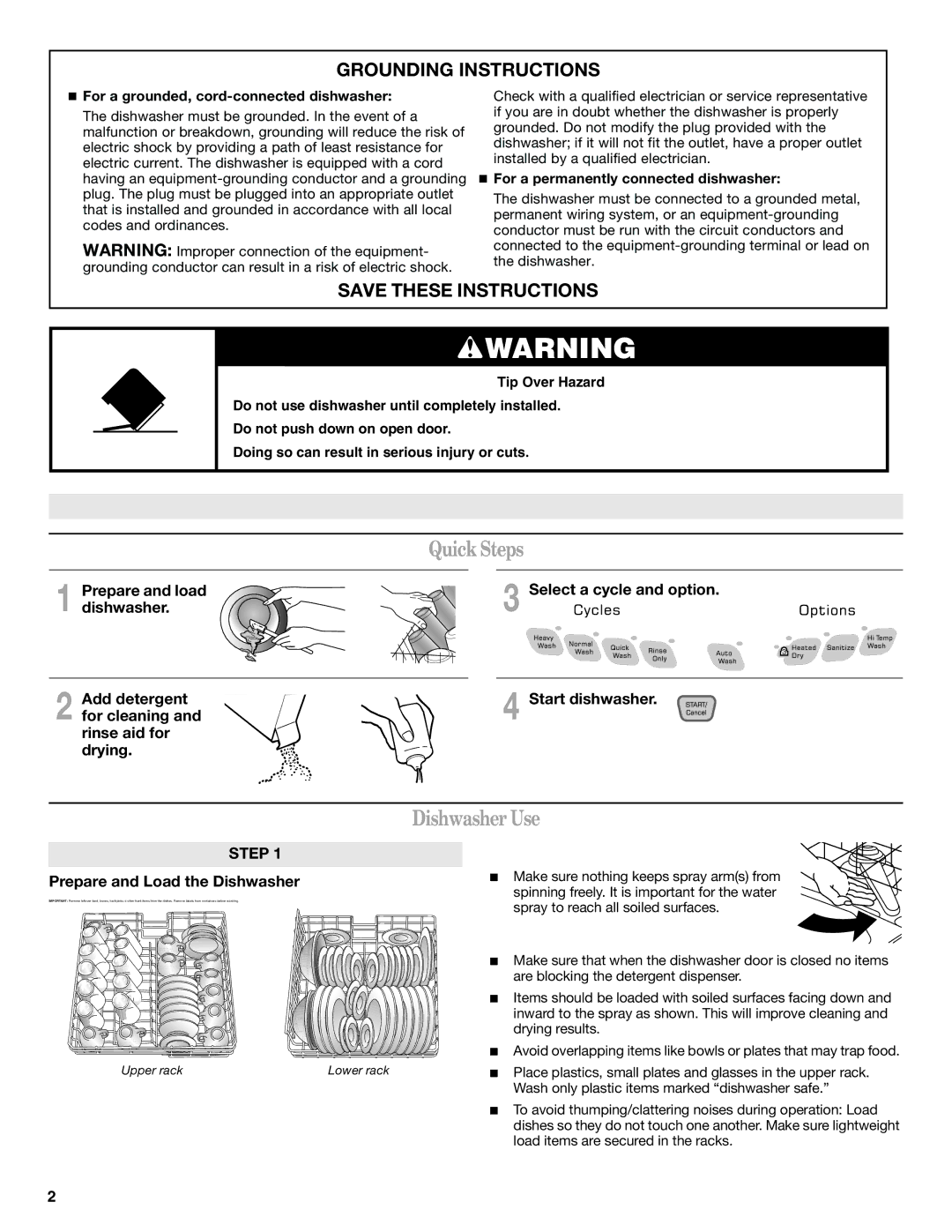 Amana W10157794A Quick Steps, Dishwasher Use, Grounding Instructions, Prepare and load, Prepare and Load the Dishwasher 