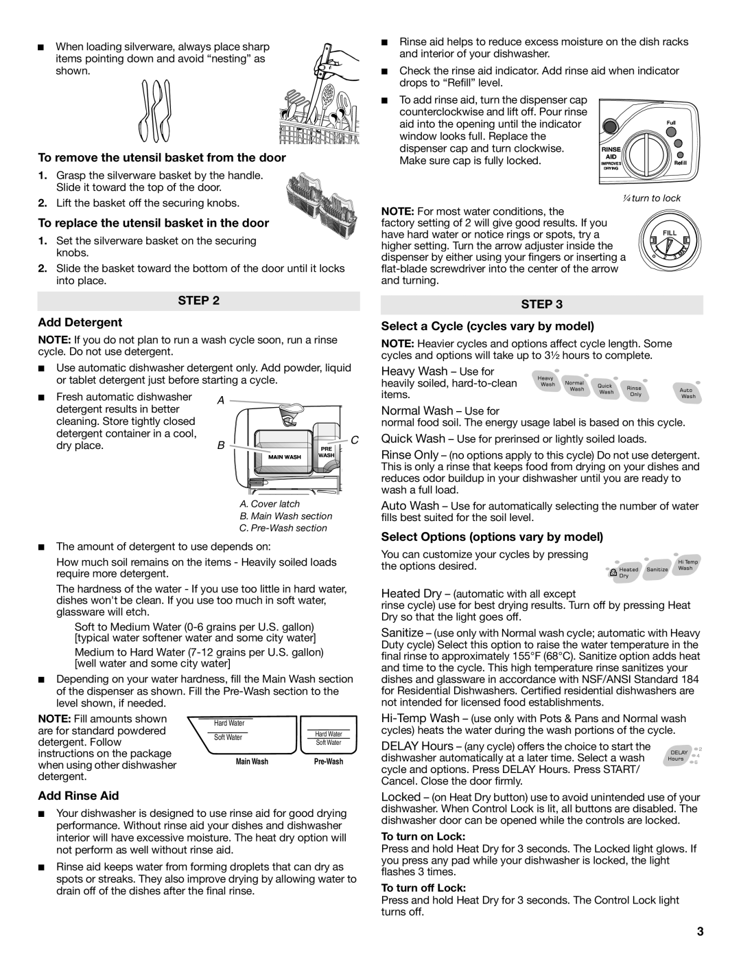 Amana W10157793A To remove the utensil basket from the door, To replace the utensil basket in the door, Add Rinse Aid 