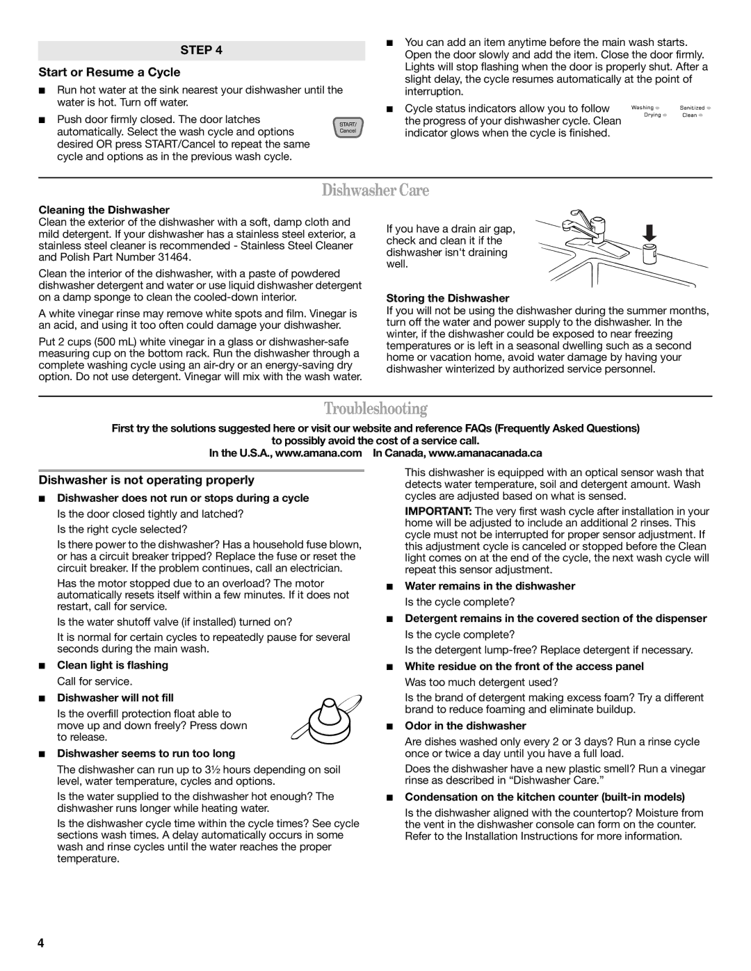 Amana W10157794A Dishwasher Care, Troubleshooting, Start or Resume a Cycle, Dishwasher is not operating properly 