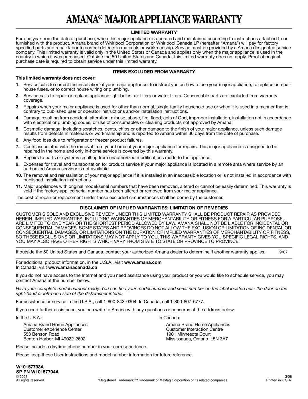 Amana important safety instructions This limited warranty does not cover, W10157793A SP PN W10157794A 