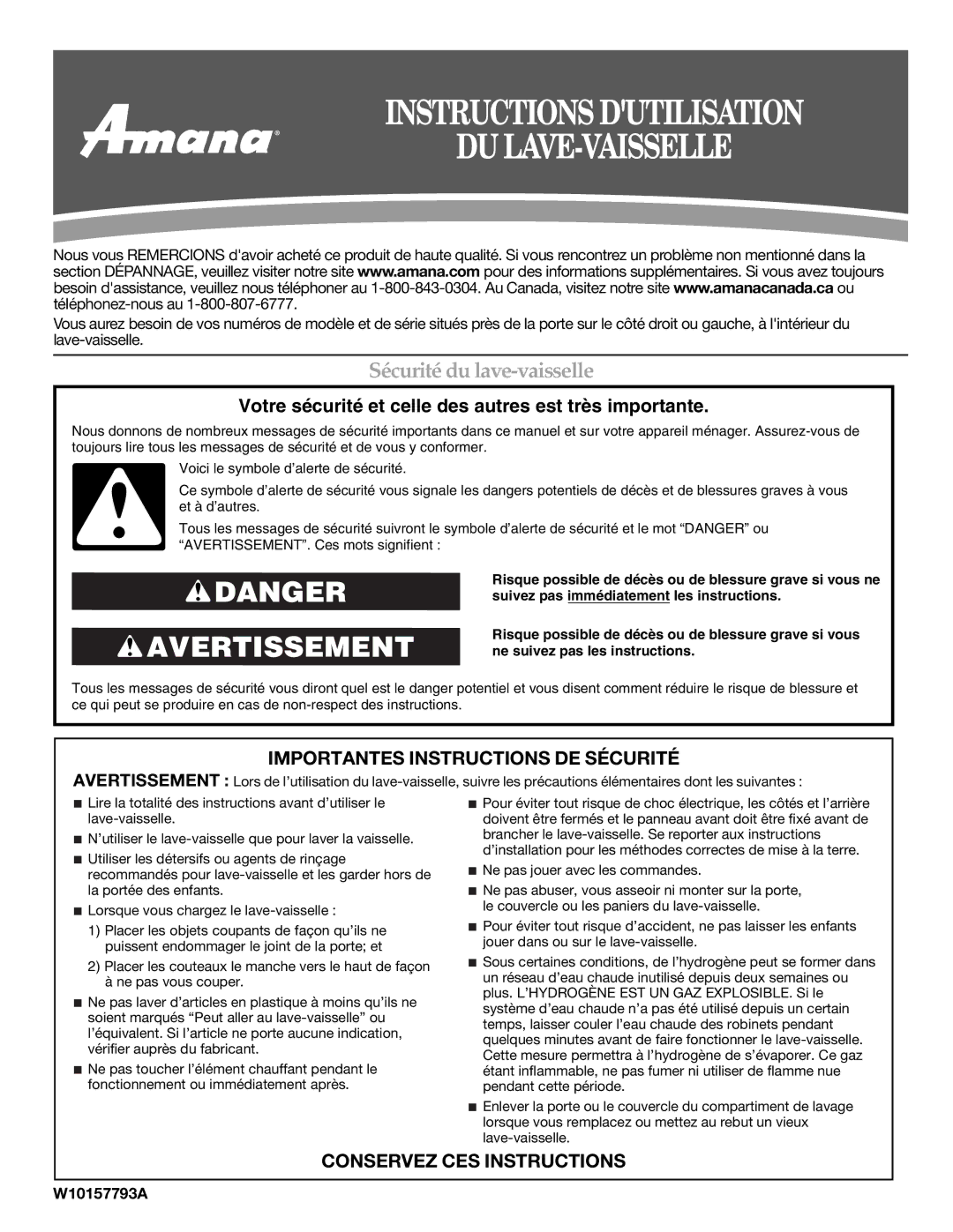 Amana W10157793A, W10157794A Sécurité du lave-vaisselle, Importantes Instructions DE Sécurité, Conservez CES Instructions 