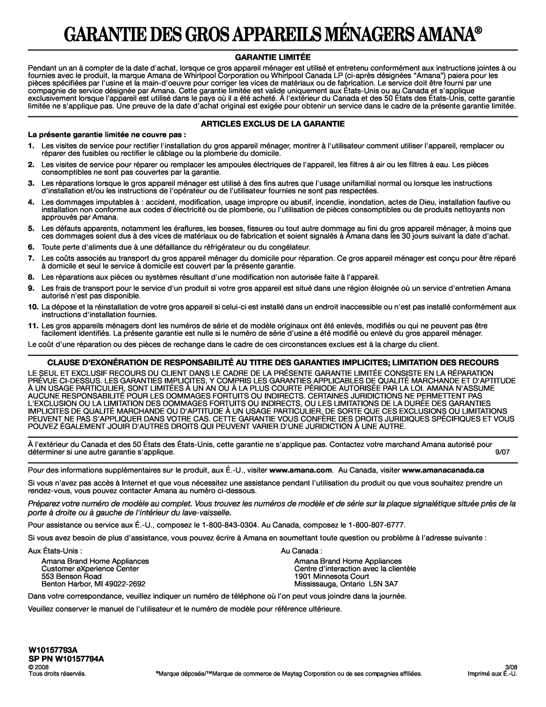 Amana W10157794A, W10157793A Garantie Limitée, Articles Exclus De La Garantie, Garantie Des Gros Appareils Ménagers Amana 