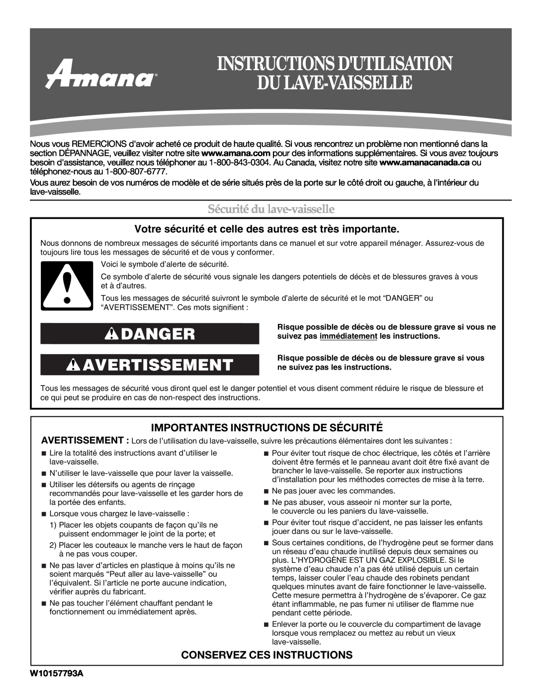 Amana W10157793A, W10157794A Instructions Dutilisation Du Lave-Vaisselle, Danger Avertissement, Sécurité du lave-vaisselle 