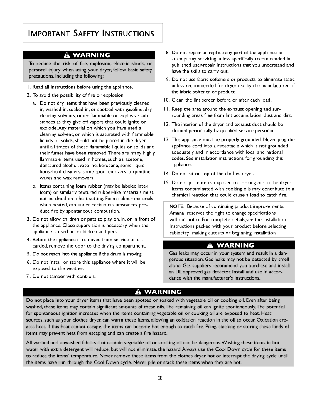 Amana W101611016 operating instructions Important Safety Instructions 