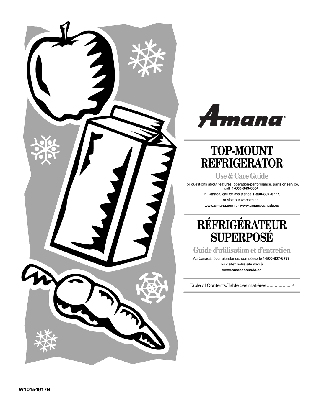 Amana W10162526A manual TOP-MOUNT Refrigerator, W10154917B 