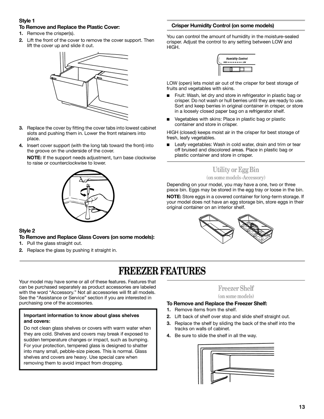 Amana W10162526A manual Freezer Features, Utility or Egg Bin, Freezer Shelf 