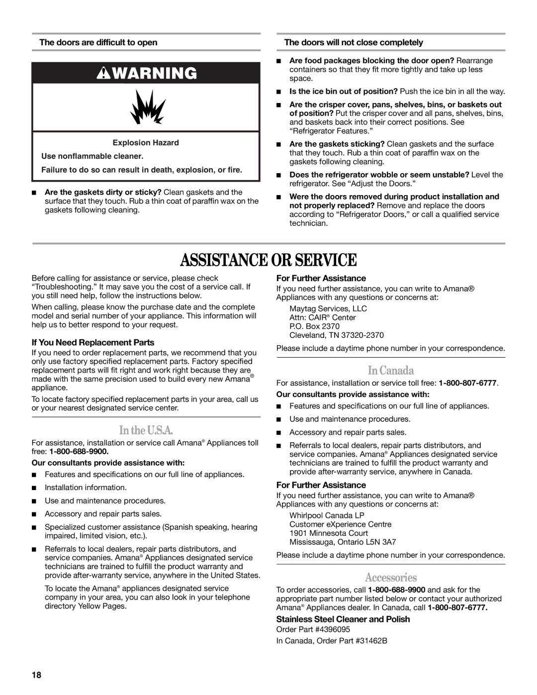 Amana W10162526A manual Assistance or Service, U.S.A, InCanada, Accessories 