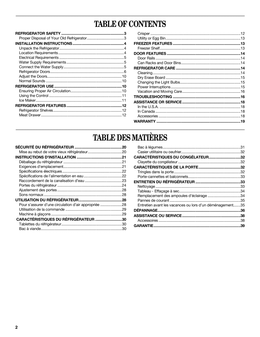 Amana W10162526A manual Table of Contents, Table DES Matières 