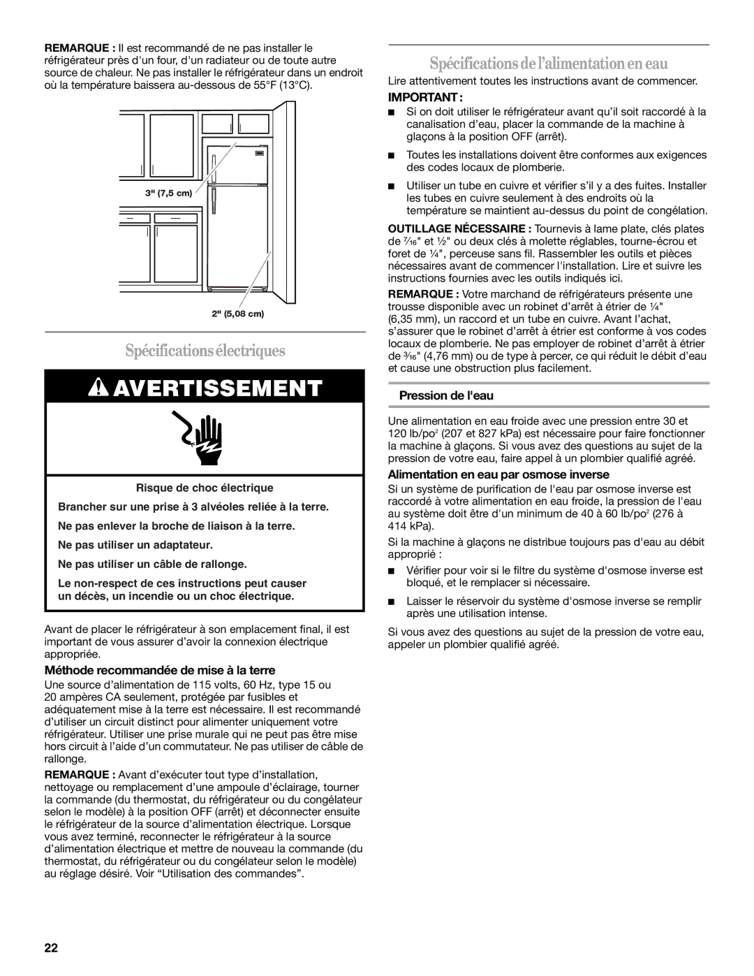 Amana W10162526A Spécificationsélectriques, Spécifications del’alimentationen eau, Méthode recommandée de mise à la terre 