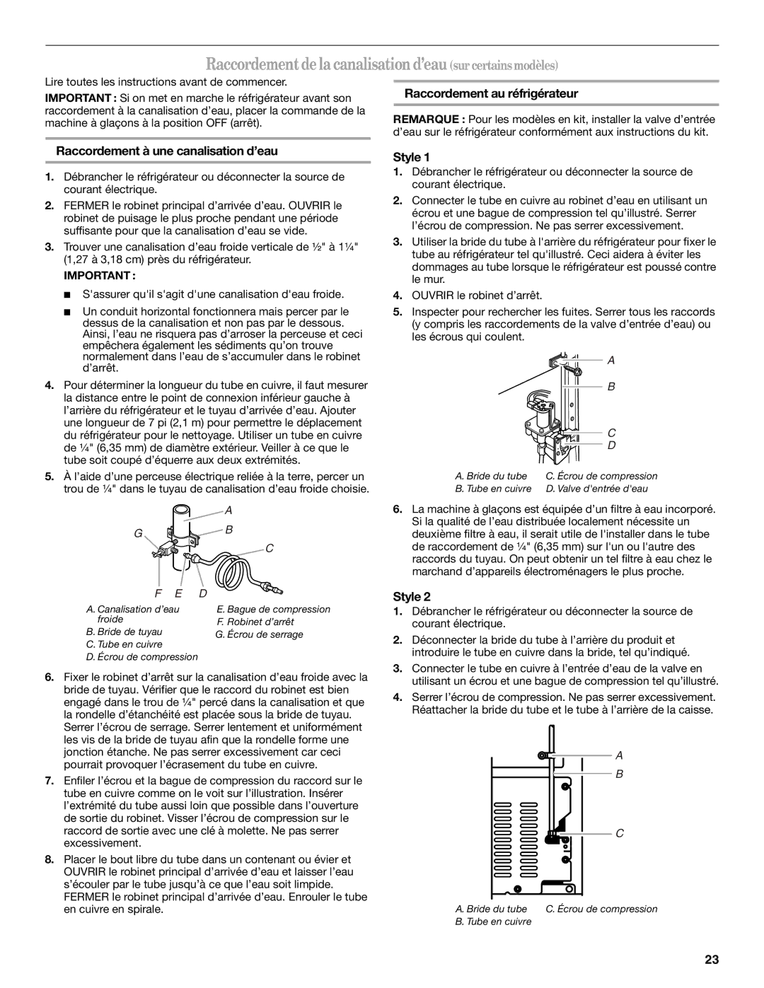 Amana W10162526A manual Raccordement de la canalisation d’eau sur certains modèles, Raccordement au réfrigérateur 