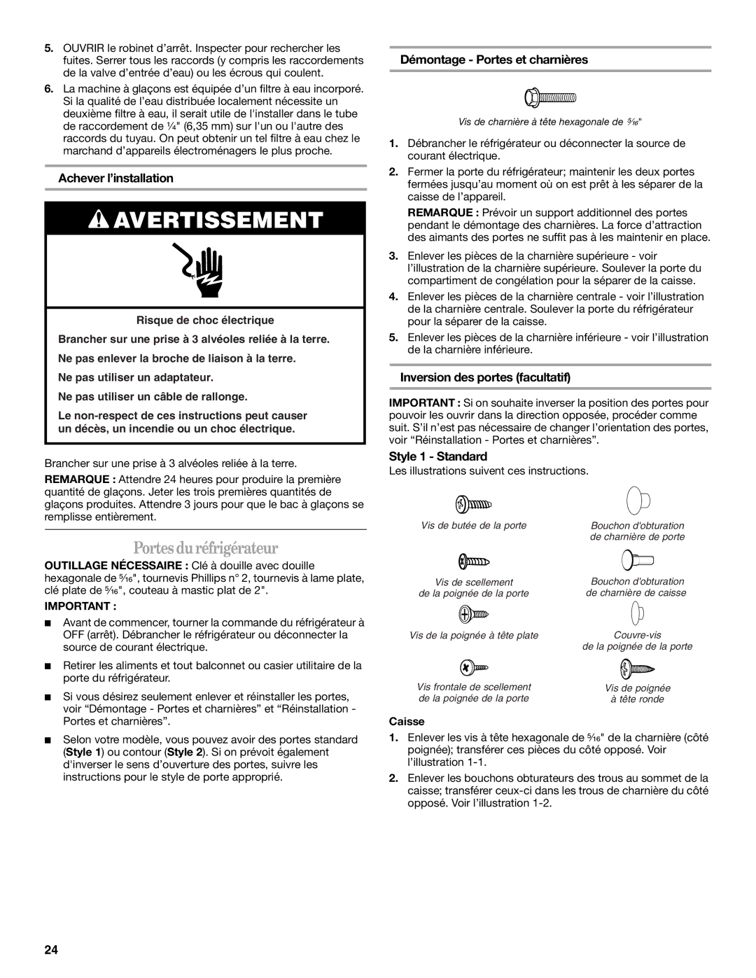 Amana W10162526A manual Portes du réfrigérateur, Achever l’installation, Démontage Portes et charnières, Caisse 