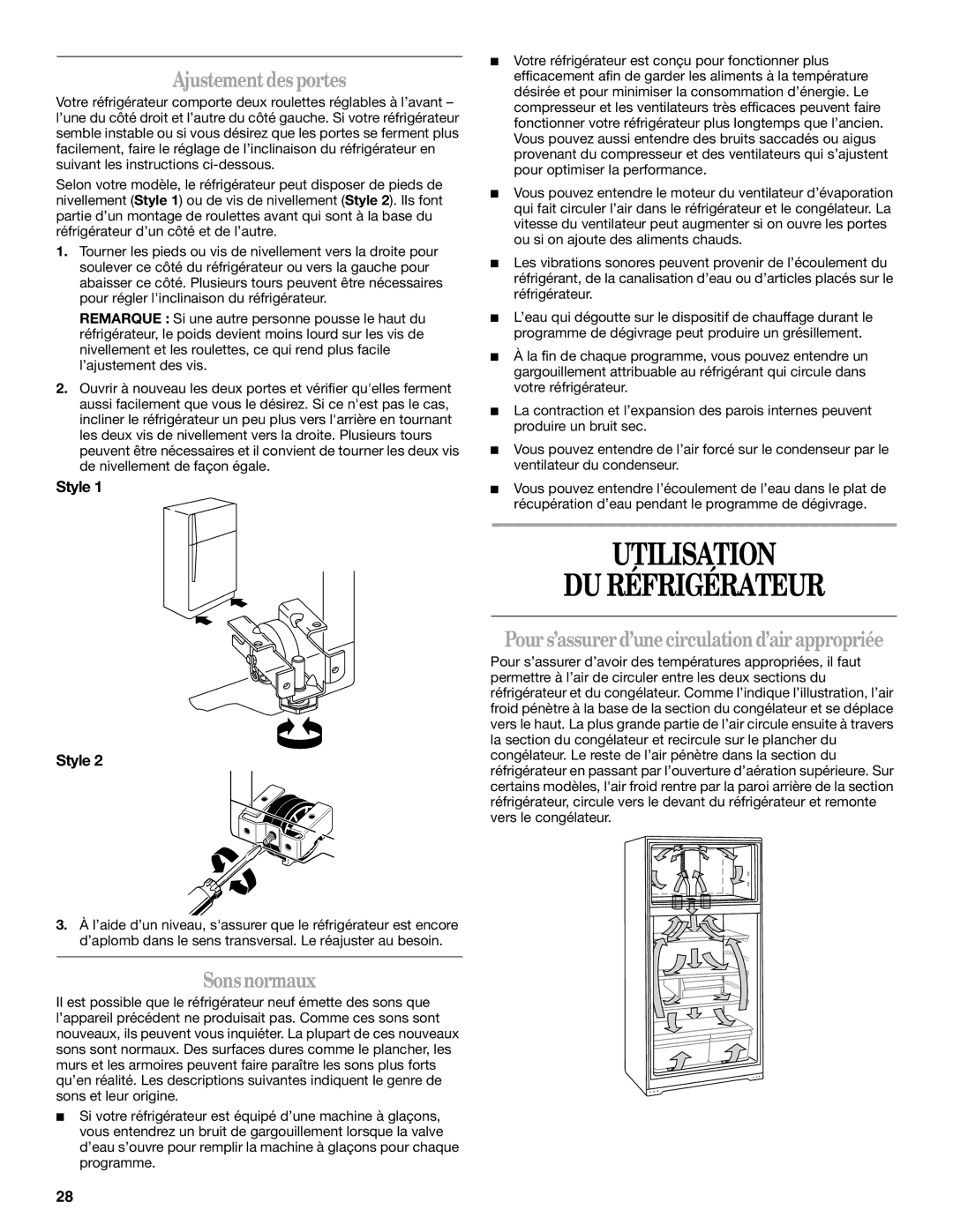 Amana W10162526A manual Utilisation DU Réfrigérateur, Ajustement desportes, Sonsnormaux 