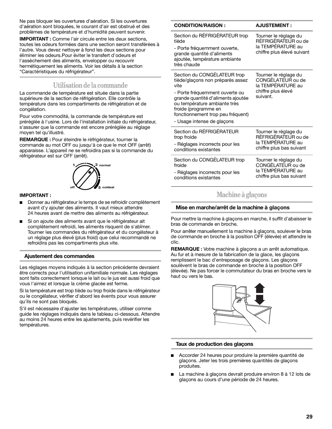 Amana W10162526A Utilisation de la commande, Machine à glaçons, Ajustement des commandes, Taux de production des glaçons 