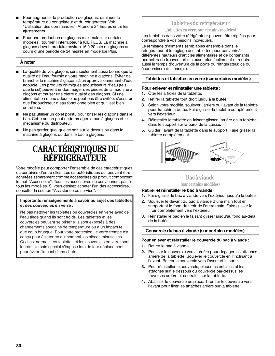 Amana W10162526A manual Réfrigérateur, Tablettes duréfrigérateur, Bac à viande, Retirer et réinstaller le bac à viande 