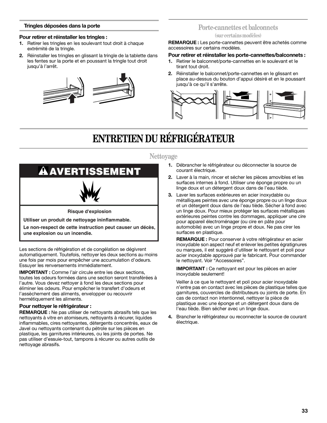 Amana W10162526A Entretien DU Réfrigérateur, Porte-cannettes et balconnets, Nettoyage, Pour nettoyer le réfrigérateur 