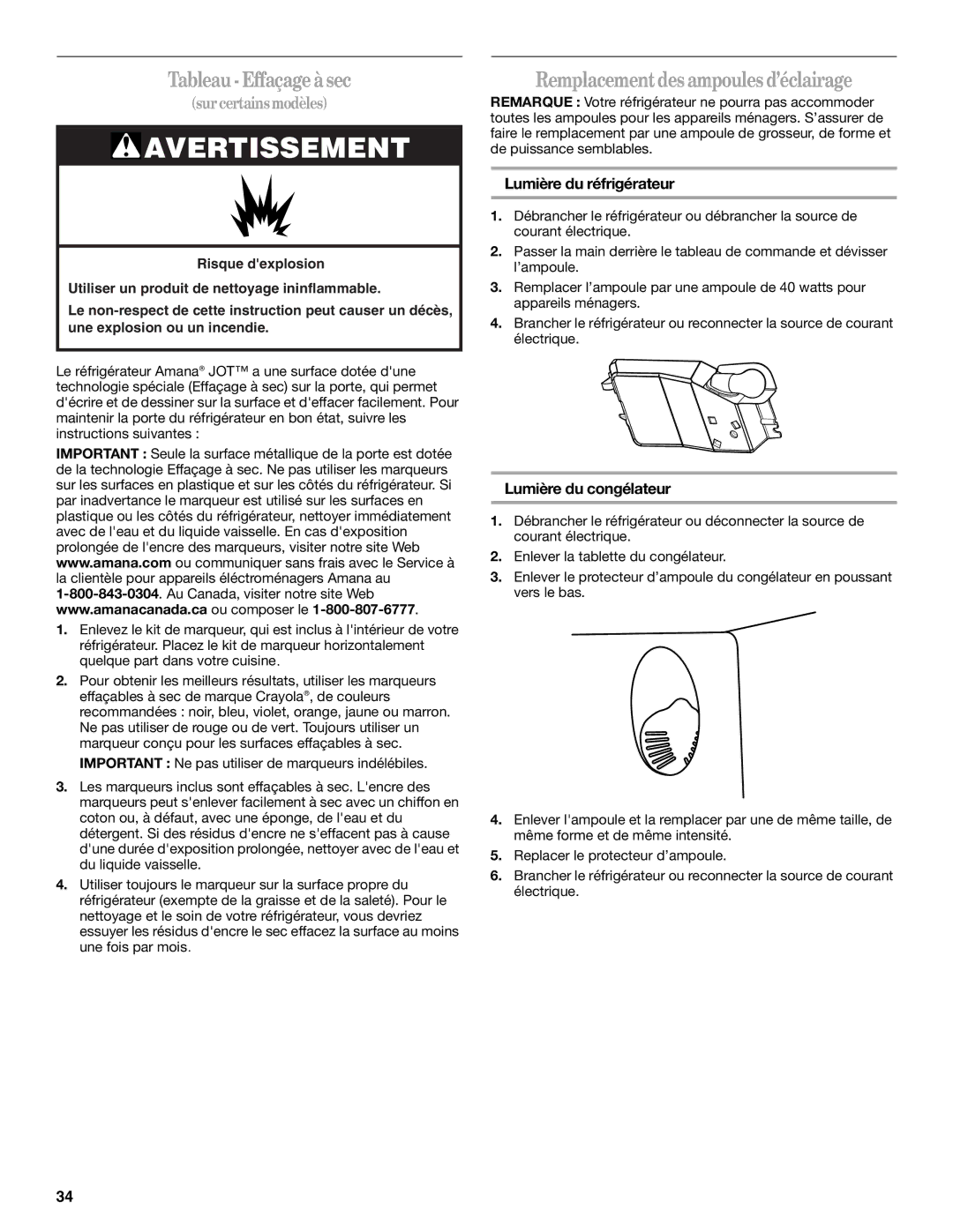 Amana W10162526A manual Tableau Effaçage à sec, Remplacement des ampoules d’éclairage, Lumière du réfrigérateur 