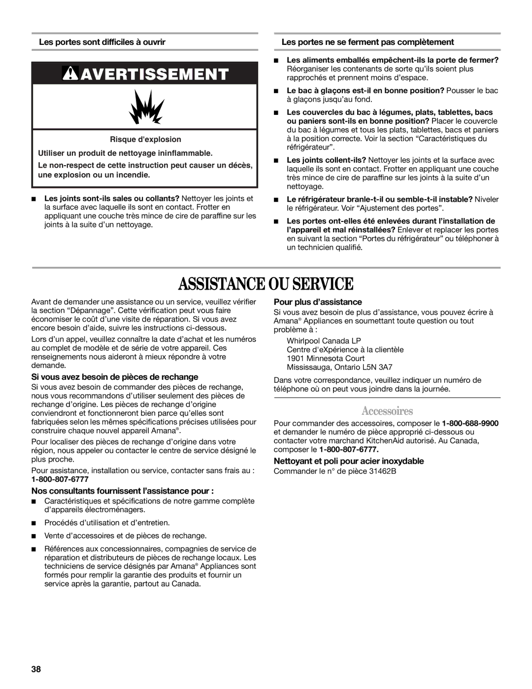 Amana W10162526A manual Assistance OU Service, Accessoires 