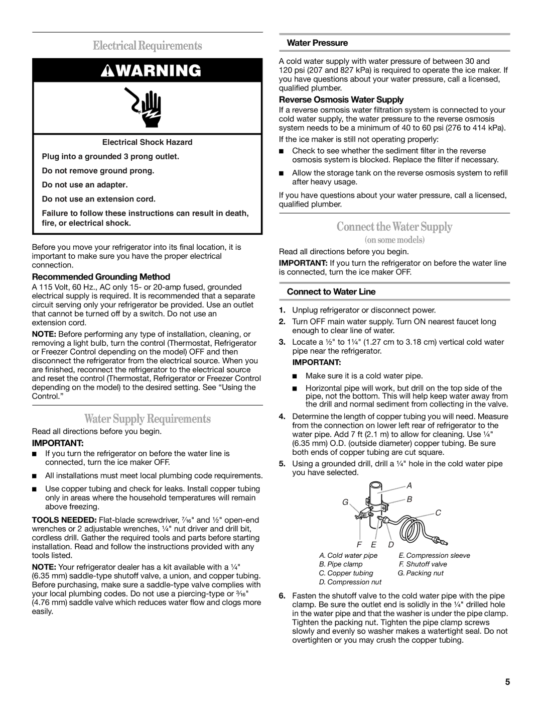 Amana W10162526A manual Electrical Requirements, Water Supply Requirements, Connect the Water Supply 