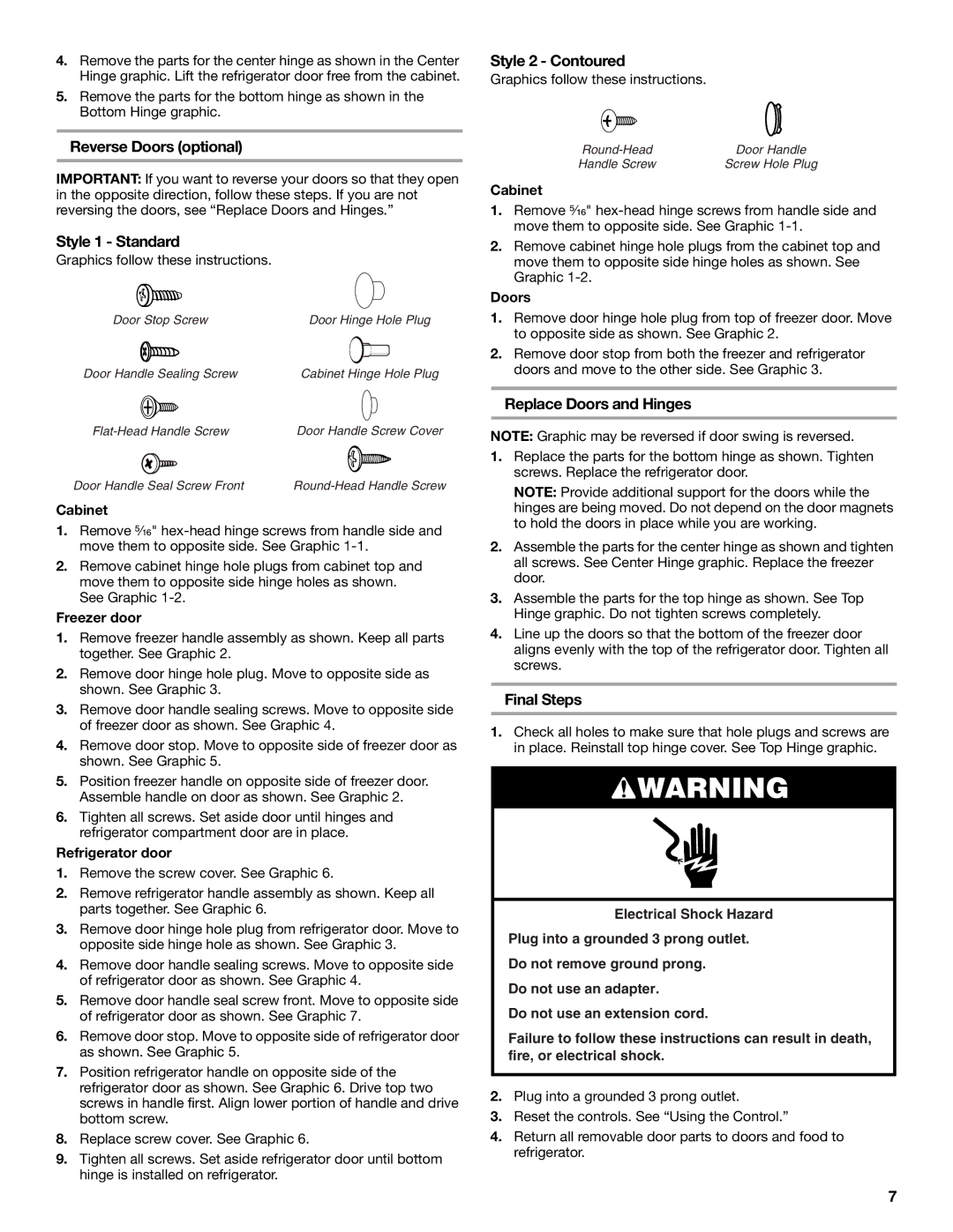 Amana W10162526A manual Reverse Doors optional, Style 1 Standard, Style 2 Contoured, Replace Doors and Hinges, Final Steps 