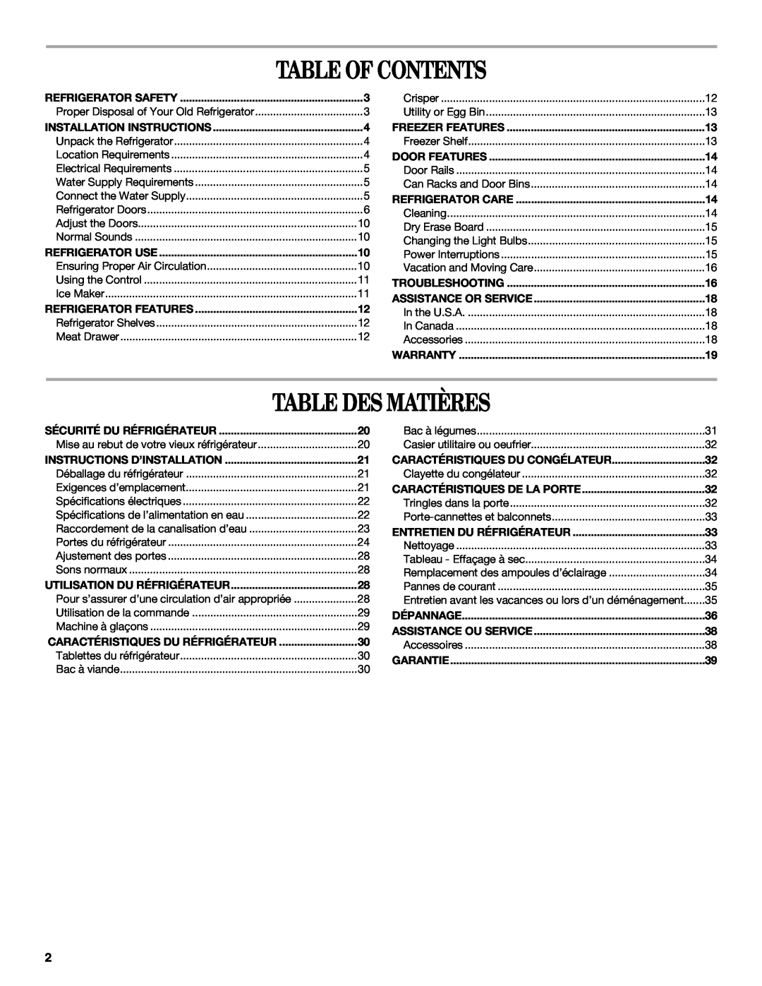 Amana W10162526A manual Table Of Contents, Table Des Matières 