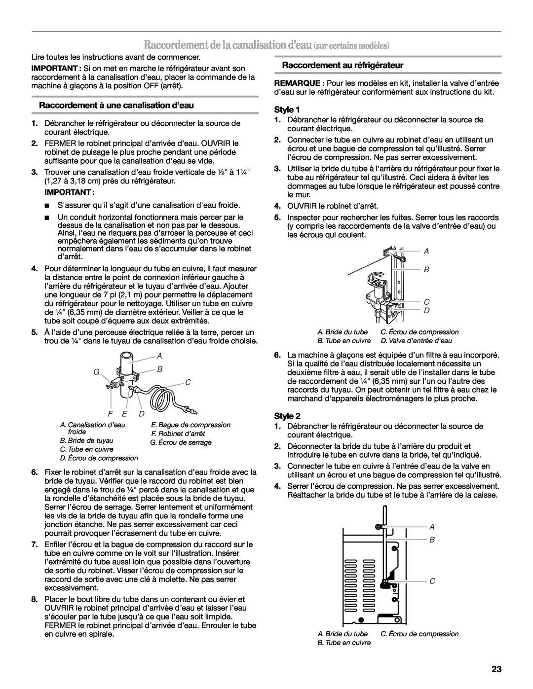 Amana W10162526A manual Raccordement au réfrigérateur, Raccordement à une canalisation d’eau, Style, A B C 