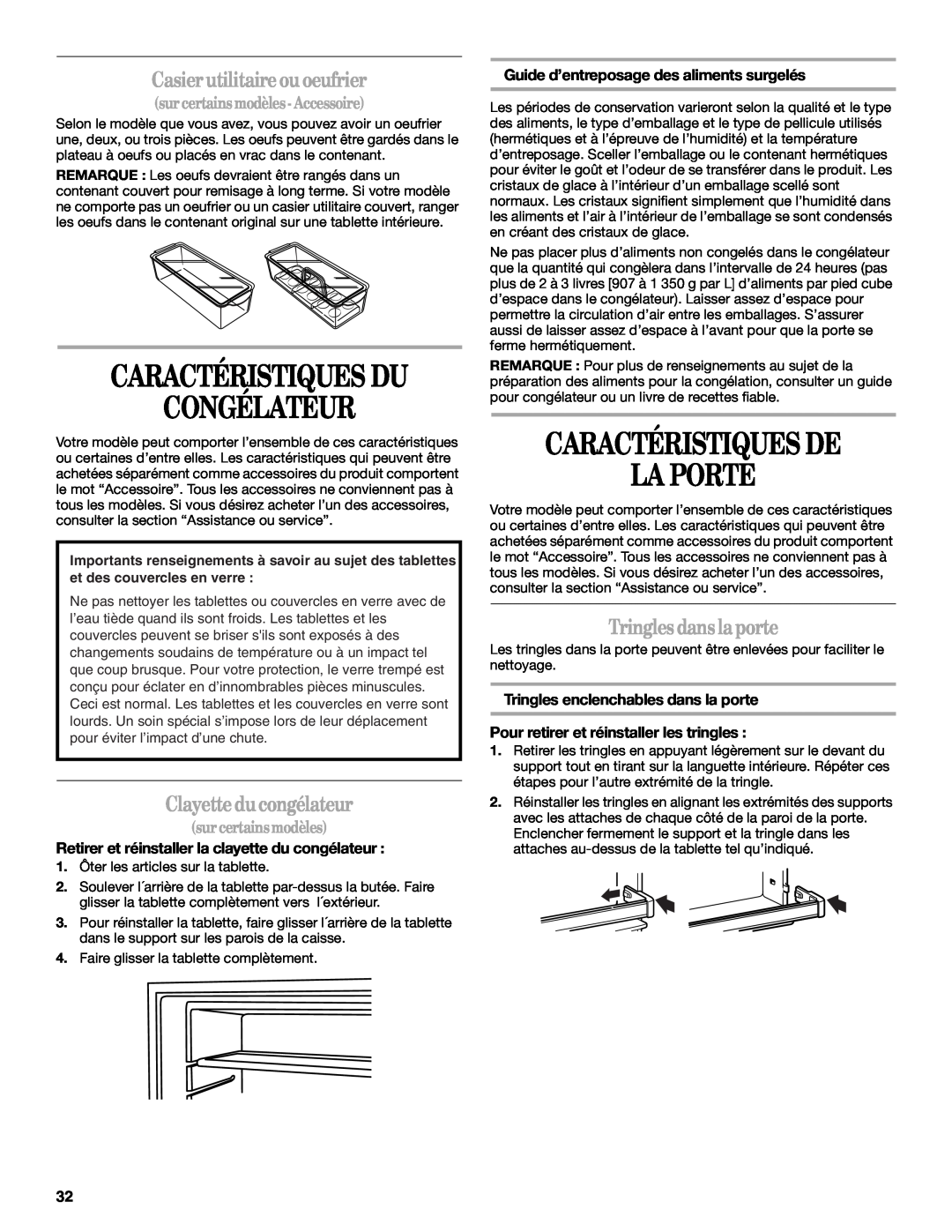 Amana W10162526A manual Congélateur, Caractéristiques De La Porte, Casier utilitaireou oeufrier, Clayette ducongélateur 