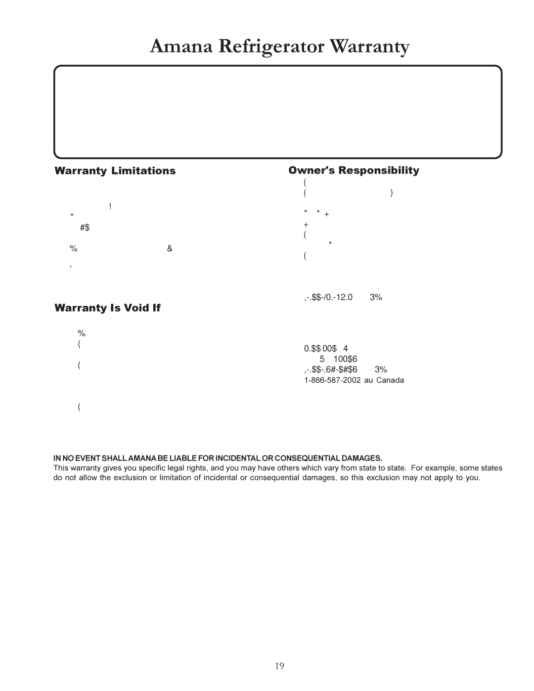 Amana W10175445A owner manual Amana Refrigerator Warranty 