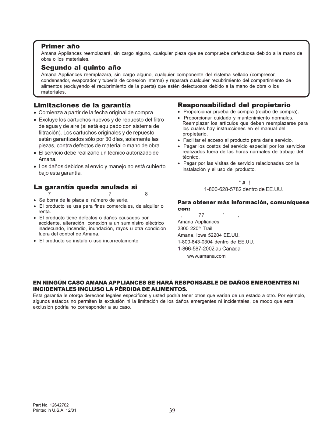 Amana W10175445A owner manual Garantía del refrigerador Amana 