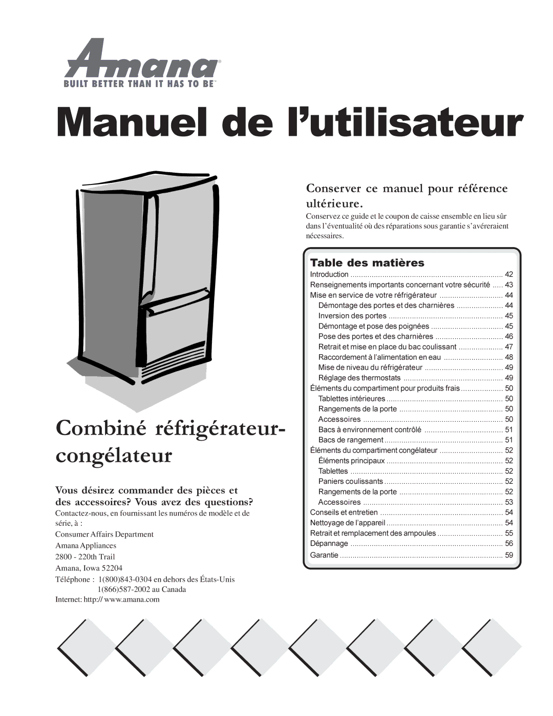 Amana W10175445A owner manual Conserver ce manuel pour référence ultérieure, Table des matières 