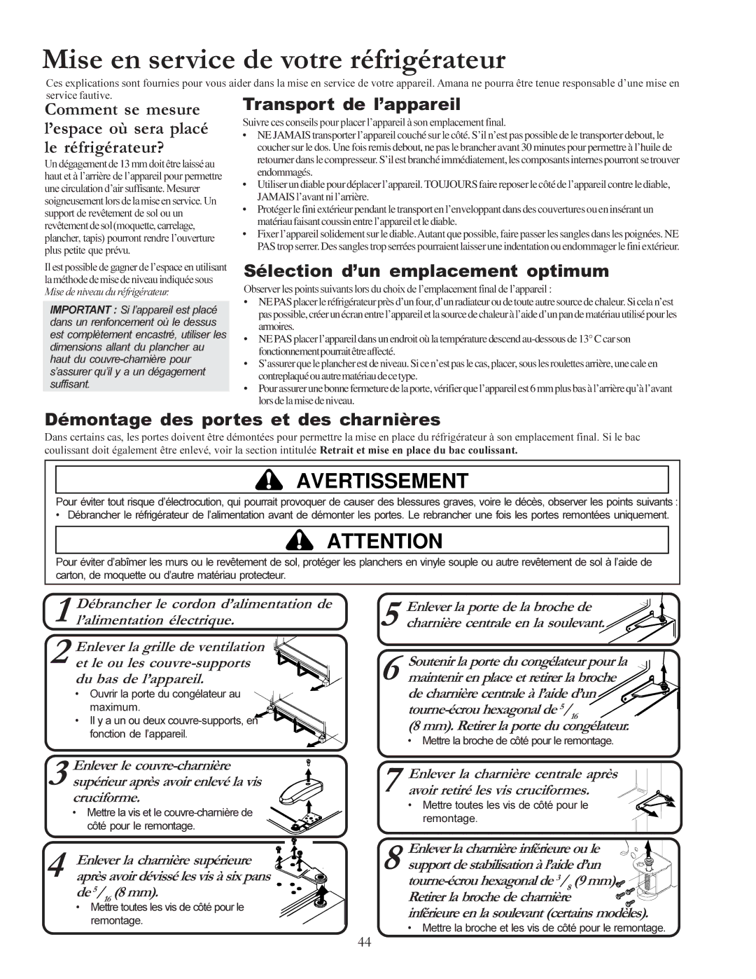 Amana W10175445A owner manual Mise en service de votre réfrigérateur, Sélection d’un emplacement optimum 