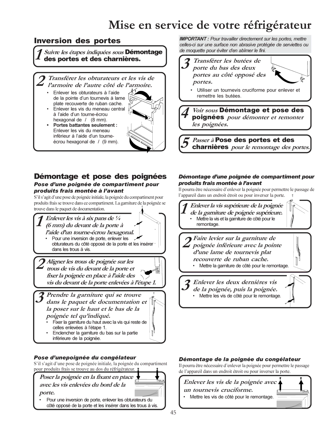 Amana W10175445A owner manual Inversion des portes, Démontage et pose des poignées 