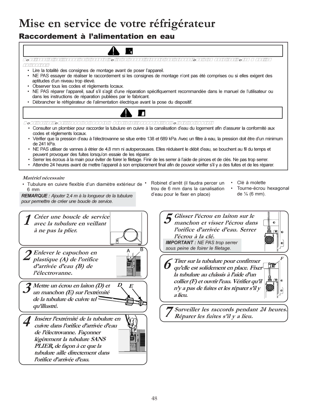 Amana W10175445A owner manual Raccordement à l’alimentation en eau, ’orifice d’arrivée d’eau. Serrer l’écrou à la clé, Lieu 