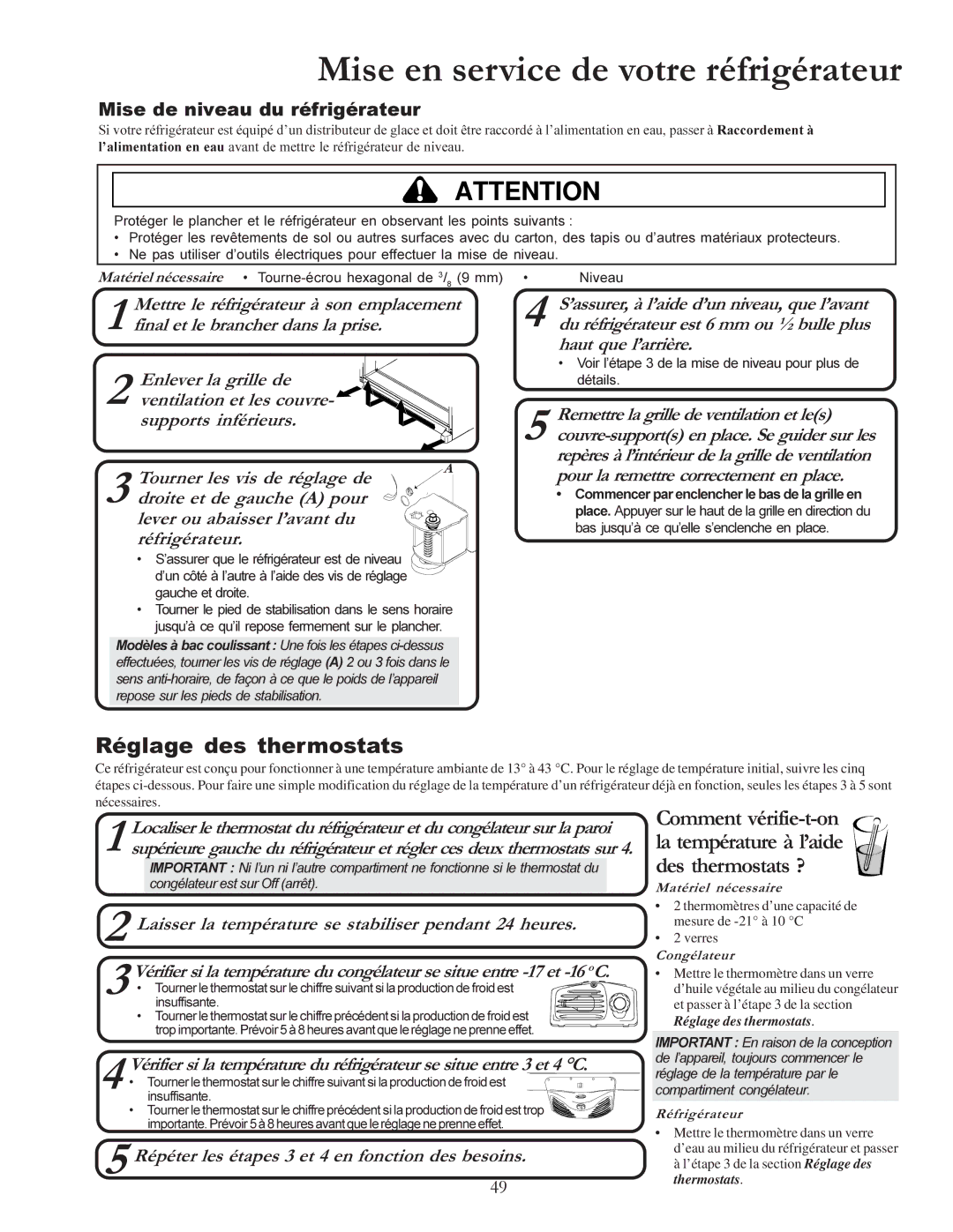 Amana W10175445A owner manual Réglage des thermostats 