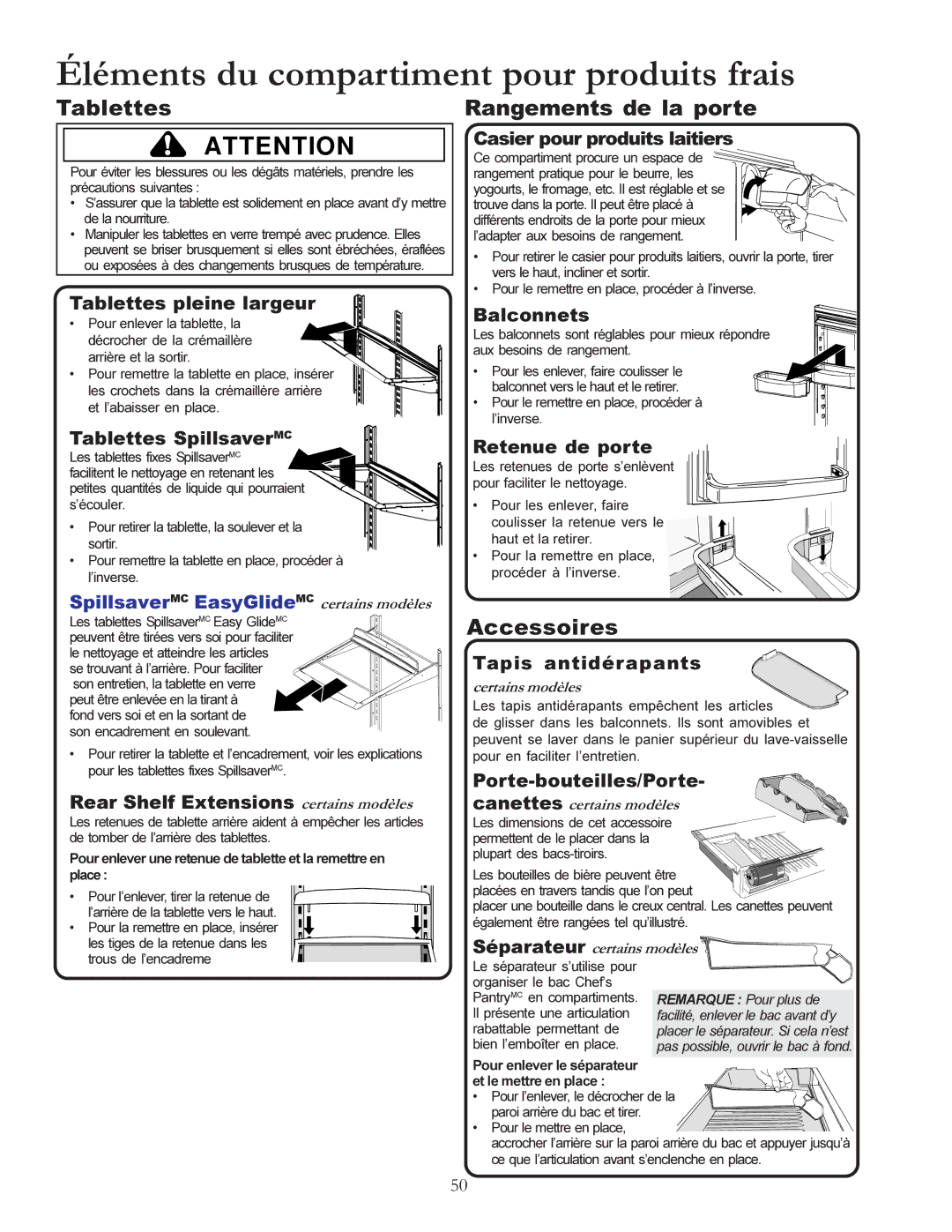 Amana W10175445A owner manual Éléments du compartiment pour produits frais, Tablettes, Rangements de la porte, Accessoires 