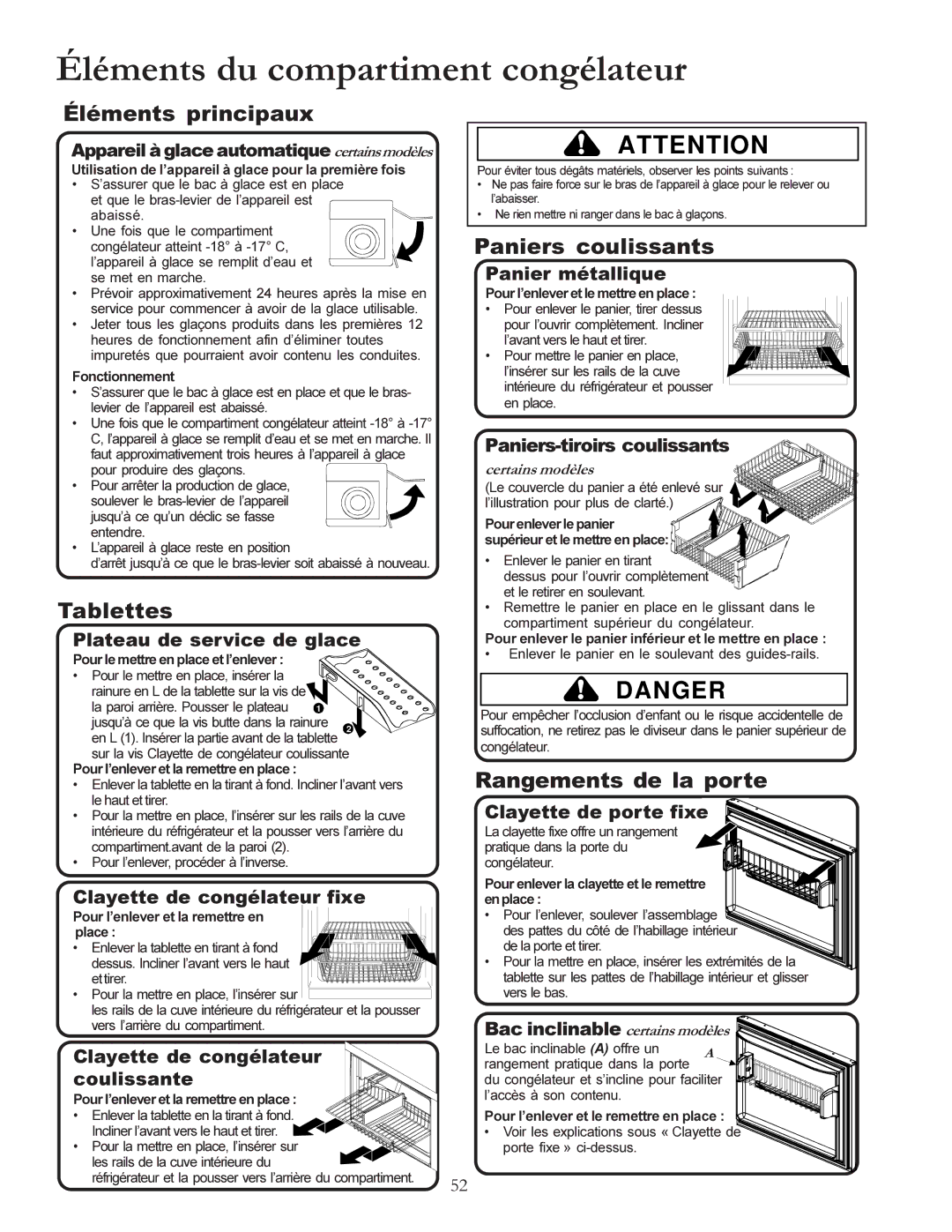 Amana W10175445A owner manual Éléments du compartiment congélateur, Éléments principaux, Paniers coulissants 