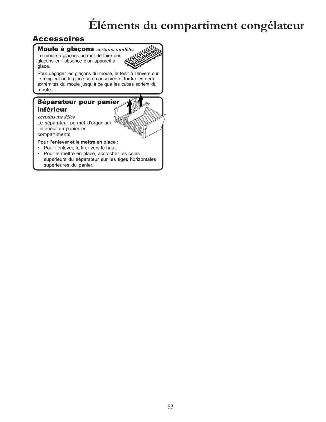 Amana W10175445A owner manual Moule à glaçons certains modèles, Séparateur pour panier inférieur 